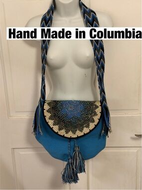 Handmade Colombian Blue Wayuu Mochila Bag with Beaded Flap